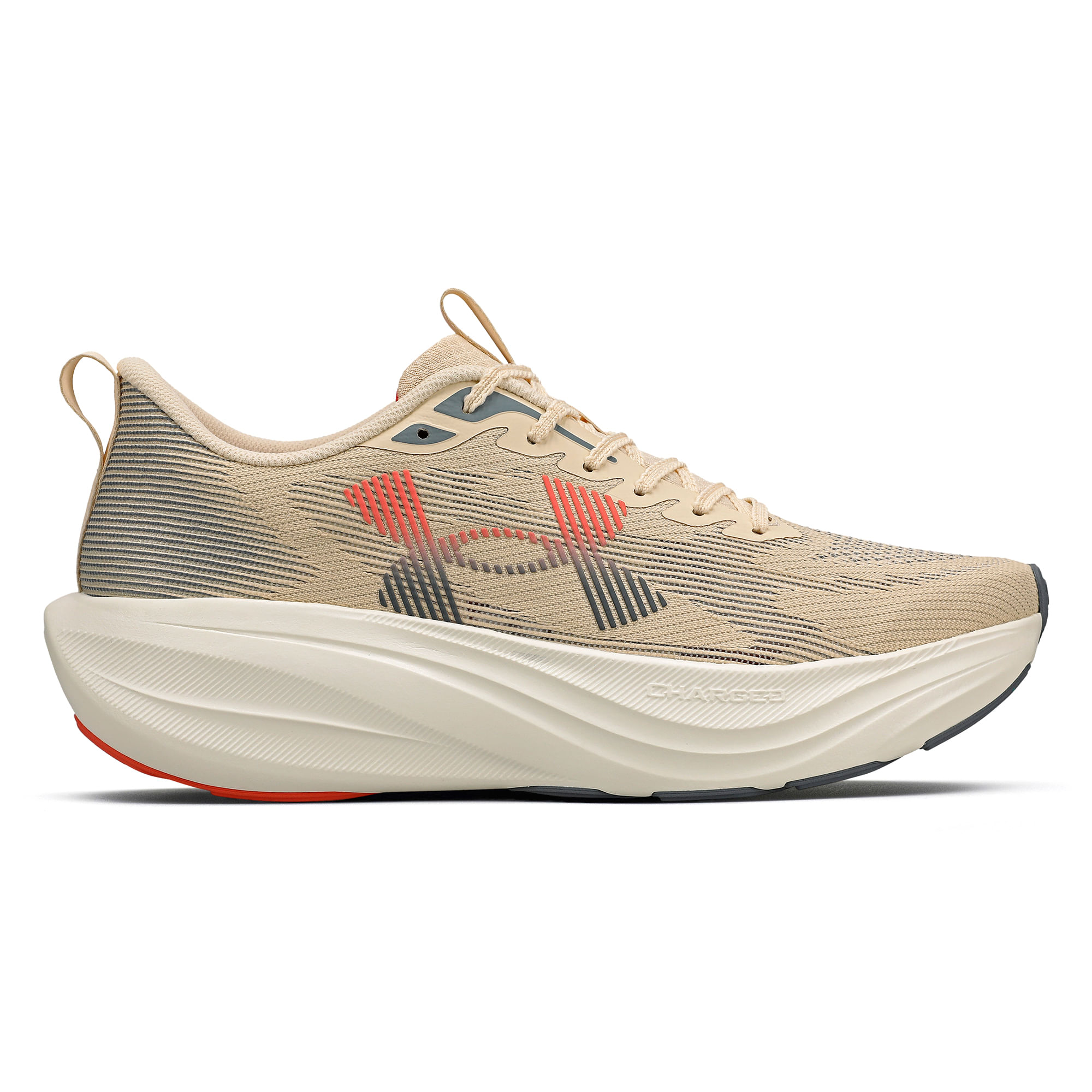 Tênis Under Armour Charged Endless Bege Unissex em ângulo frontal mostrando design em malha bege com detalhes coloridos e sola branca